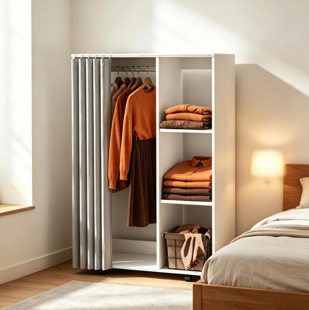 Guardaroba mobile bianco con appendiabiti, 4 ruote, 3 ripiani aperti e tenda protettiva, 80x40x128 cm