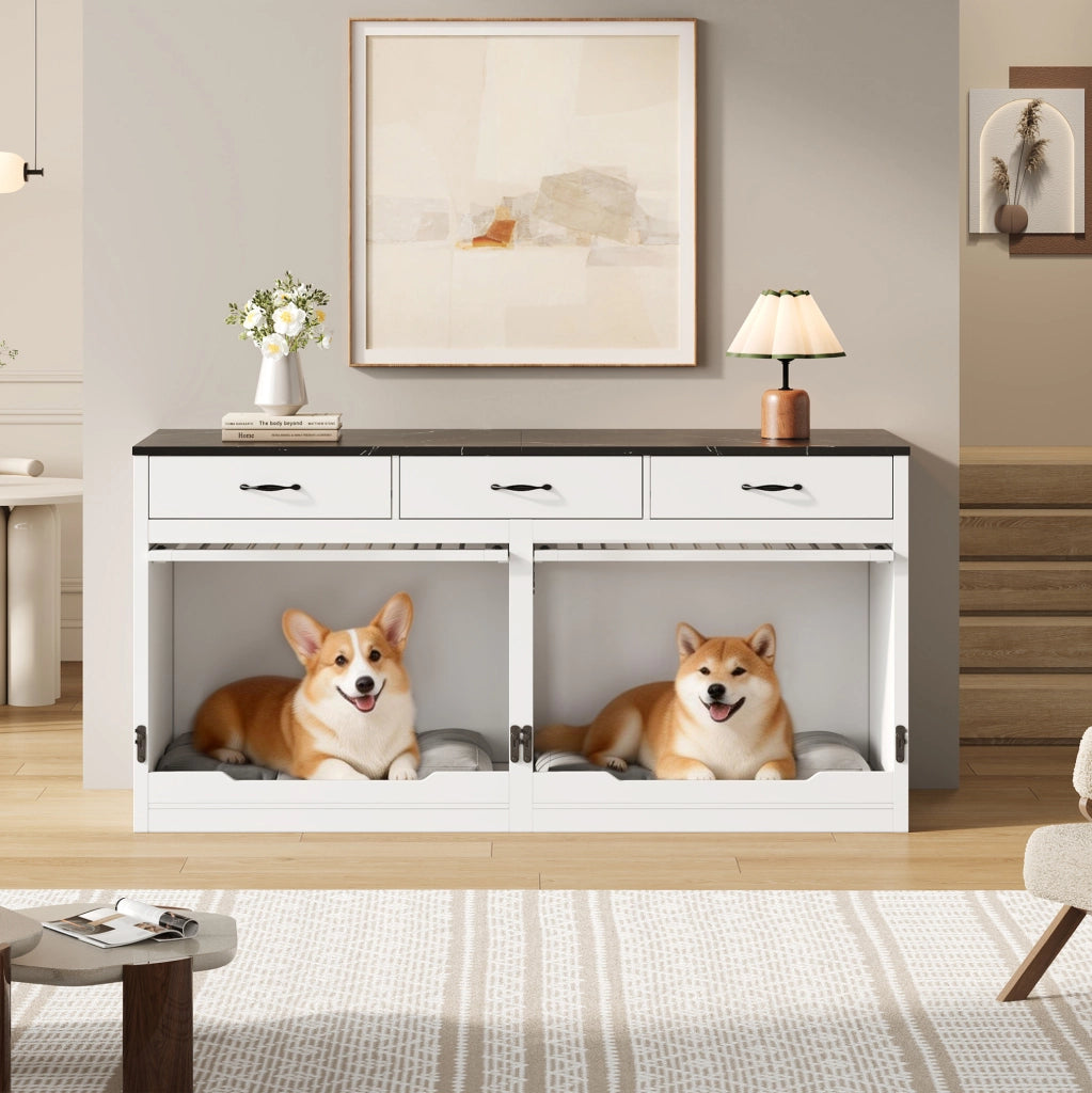 Gabbia per Cani in Legno e Metallo 164 x 60 x 81 cm con Porta Sollevabile e 3 Cassetti Bianca e Nera