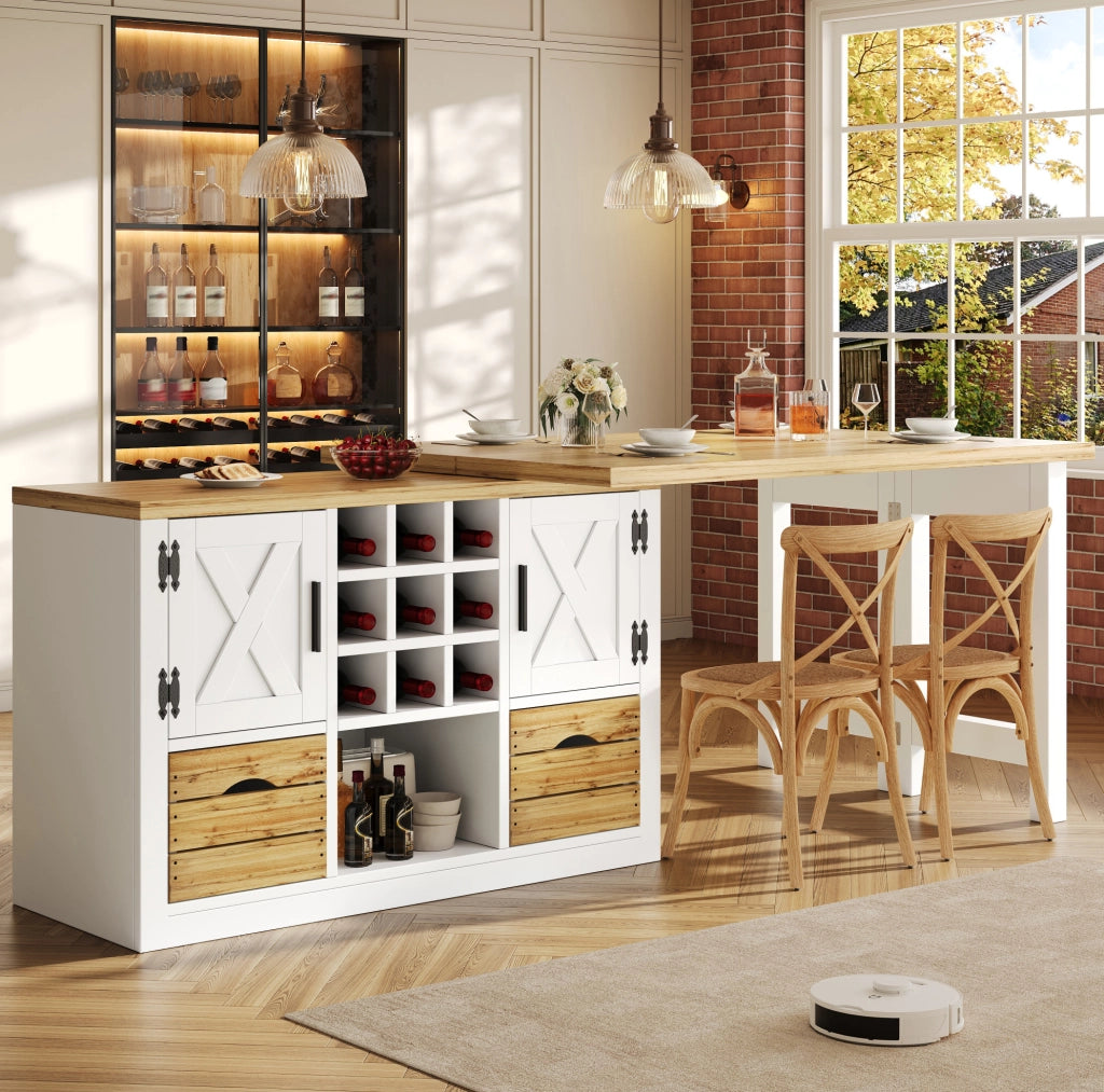 Tavolo da pranzo estensibile 120-197x40 cm con sideboard girevole in MDF bianco