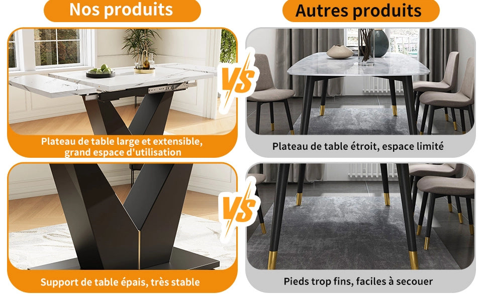 Tavolo da pranzo allungabile 99-159x75 cm con piano in MDF effetto marmo e gambe a V regolabili