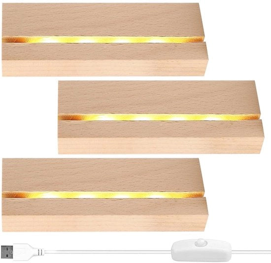 Base display LED - Piattaforma in legno - Finestra elegante - Colorazione calda - Alimentazione USB - Adatto per piastrelle di acrilico - 3 pezzi