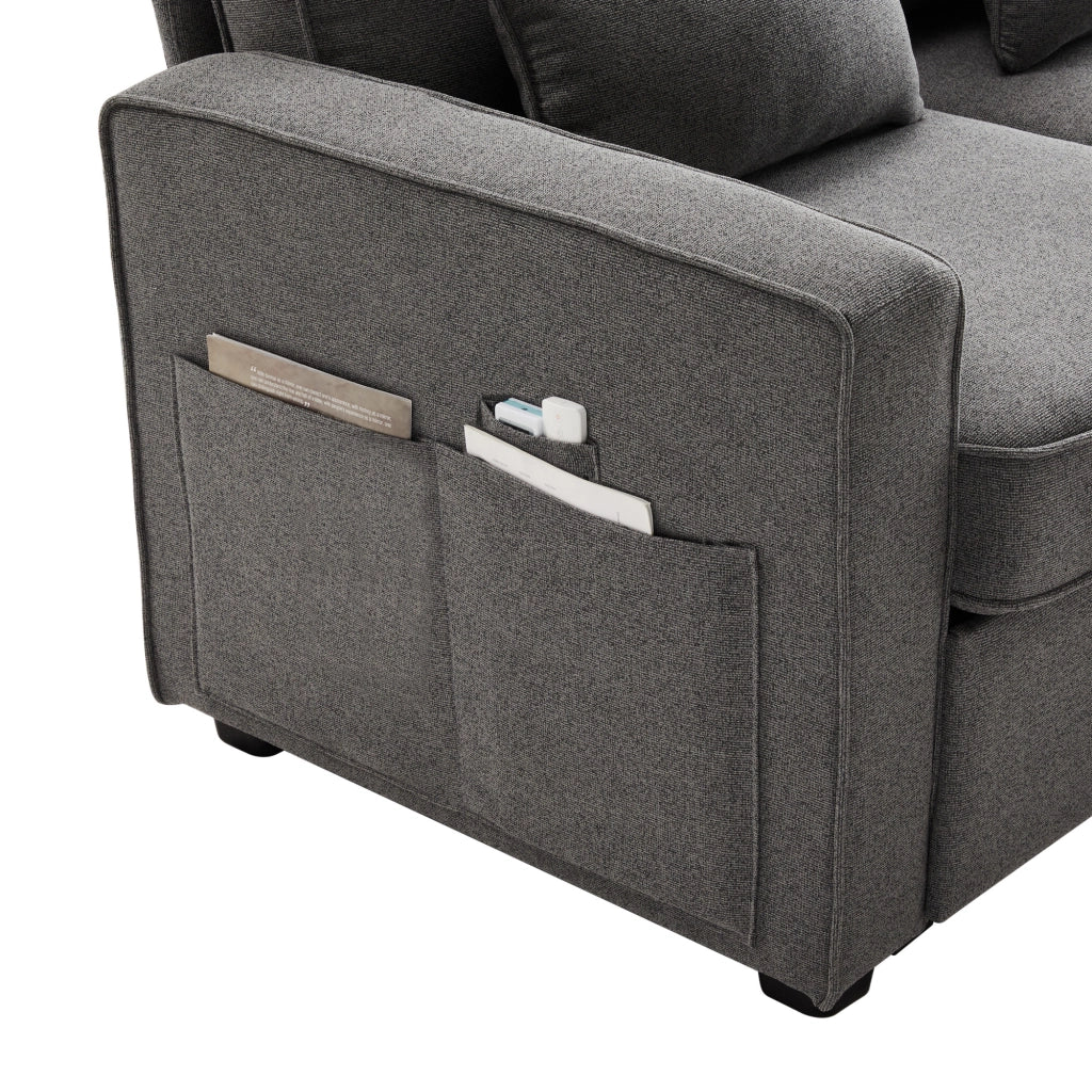 Divano 4 posti 290 cm con console, USB e portabevande in tessuto effetto lino grigio scuro