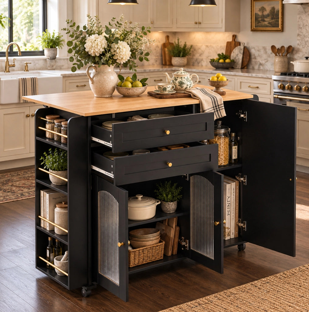 Isola cucina mobile 110 cm con piano richiudibile; 2 cassetti e ante in vetro; nera