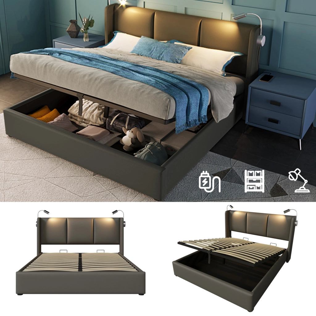 Letto contenitore matrimoniale 140 × 200 cm con luce da lettura e ricarica USB, materasso incluso, grigio