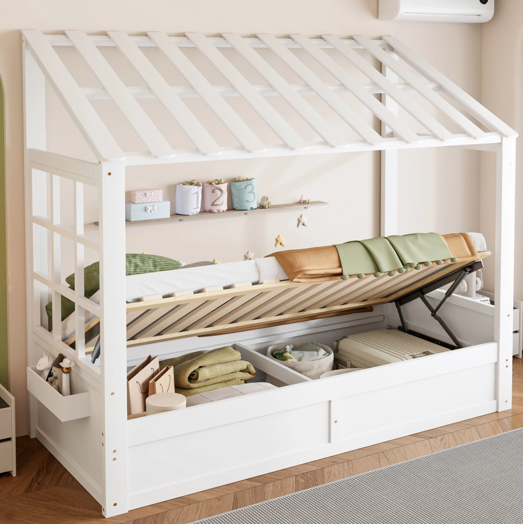 Letto a forma di casa ULEVR 90x200 cm con contenitore idraulico e vani laterali, bianco
