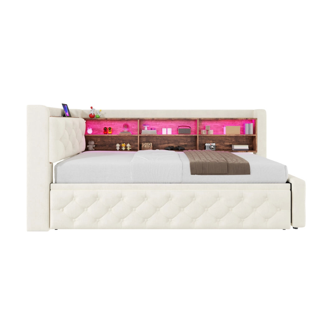 Divano letto estraibile ULEVR 90x190 cm in velluto beige con bracciolo contenitore, LED, USB e Type-C