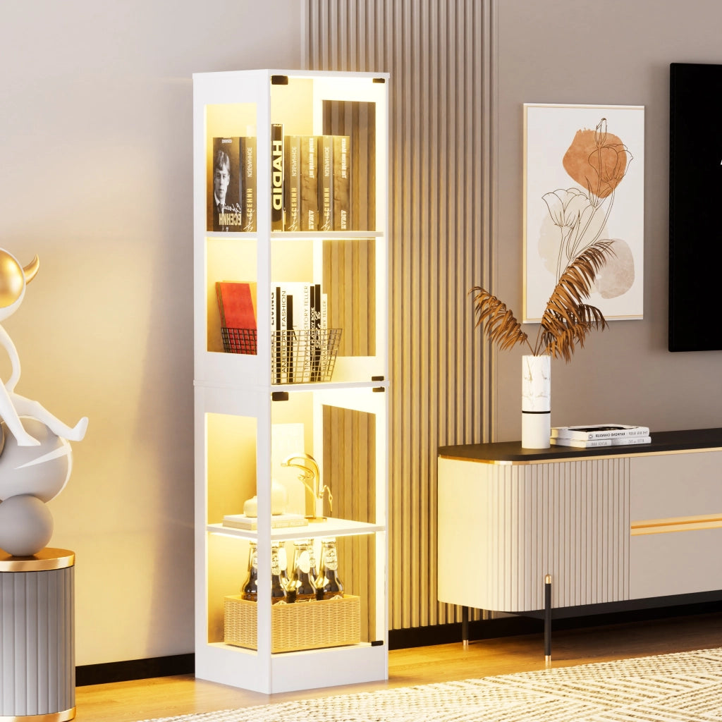 Vetrina con ante in vetro LED a tre colori e sensore di movimento in MDF bianca per soggiorno 40 × 35 × 165 cm