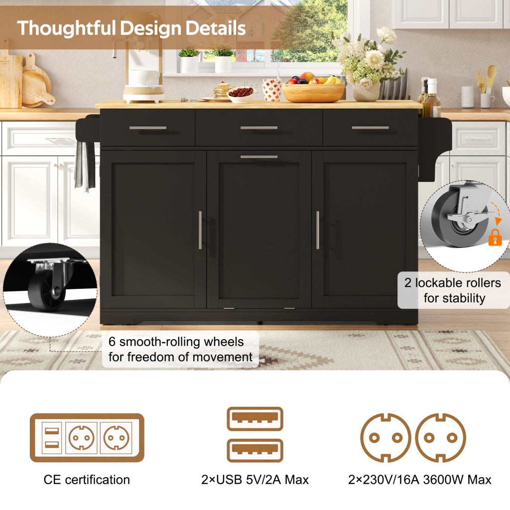Mobile da cucina con 3 cassetti; vano pattumiera e presa con 2 AC e 2 USB in MDF nero e naturale
