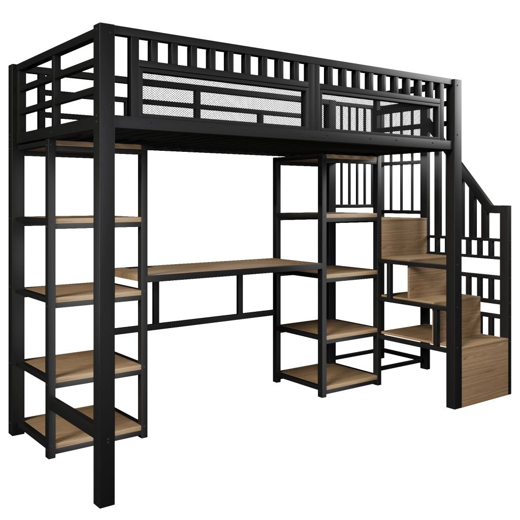 Letto a soppalco 90 x 200 cm con scrivania integrata; scala contenitore; ferro e MDF; nero