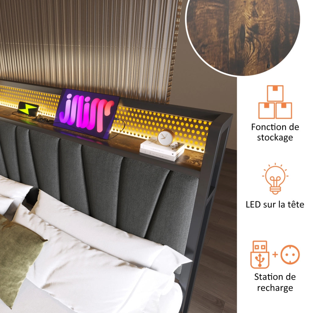 Letto contenitore 180 x 200 cm grigio con testiera LED e prese USB