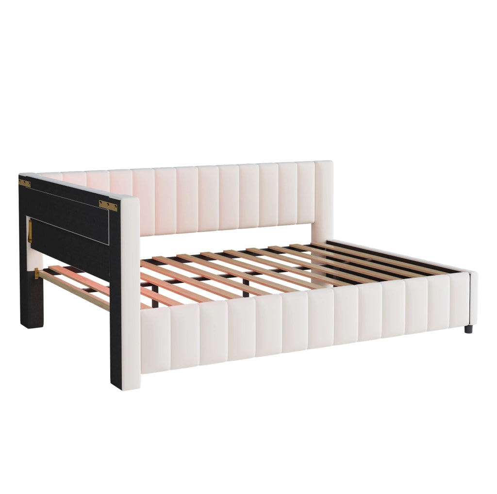 Divano Letto Imbottito in Velluto 140x200 cm con LED e Porta USB, Design a L, Beige