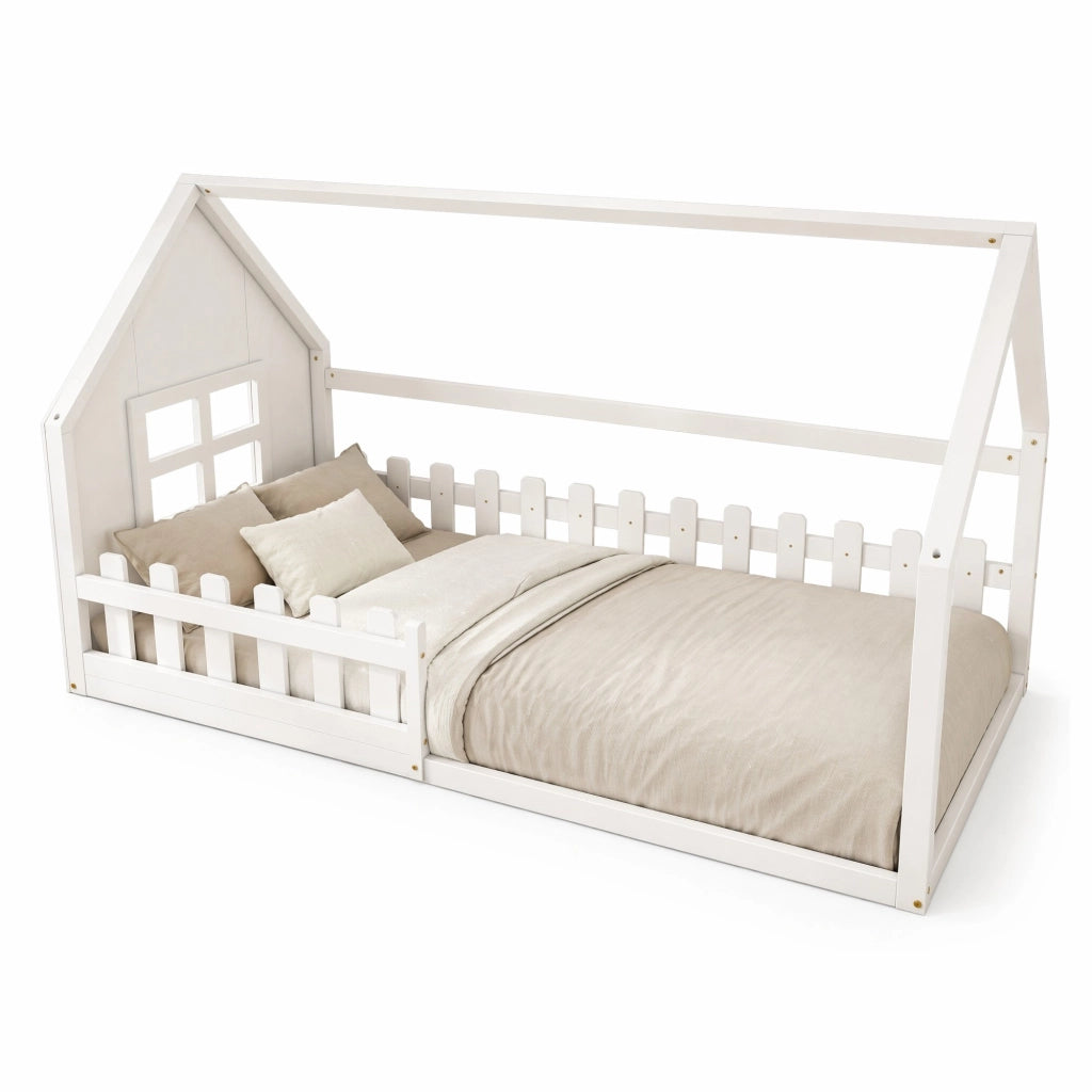 Letto a casetta 90 × 200 cm per bambini con rete a doghe in legno di pino e MDF bianco struttura bassa