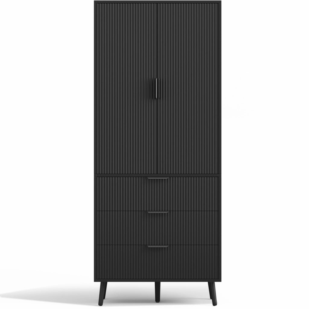 Armadio contenitore 75x35x180 cm con 2 ante e 3 cassetti in MDF nero