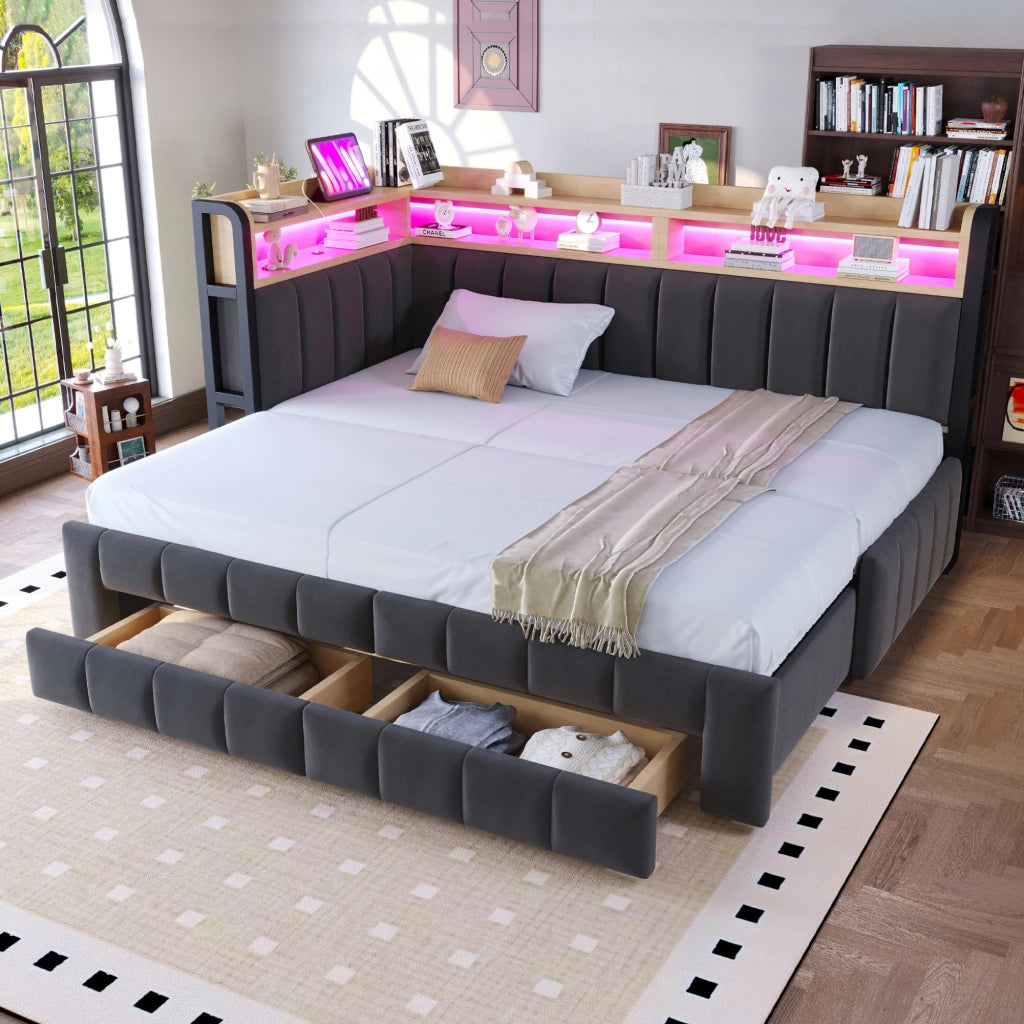 Letto estraibile 2 posti con 2 cassetti; LED regolabile; USB; Type-C e vani 90 × 200/180 × 200 cm