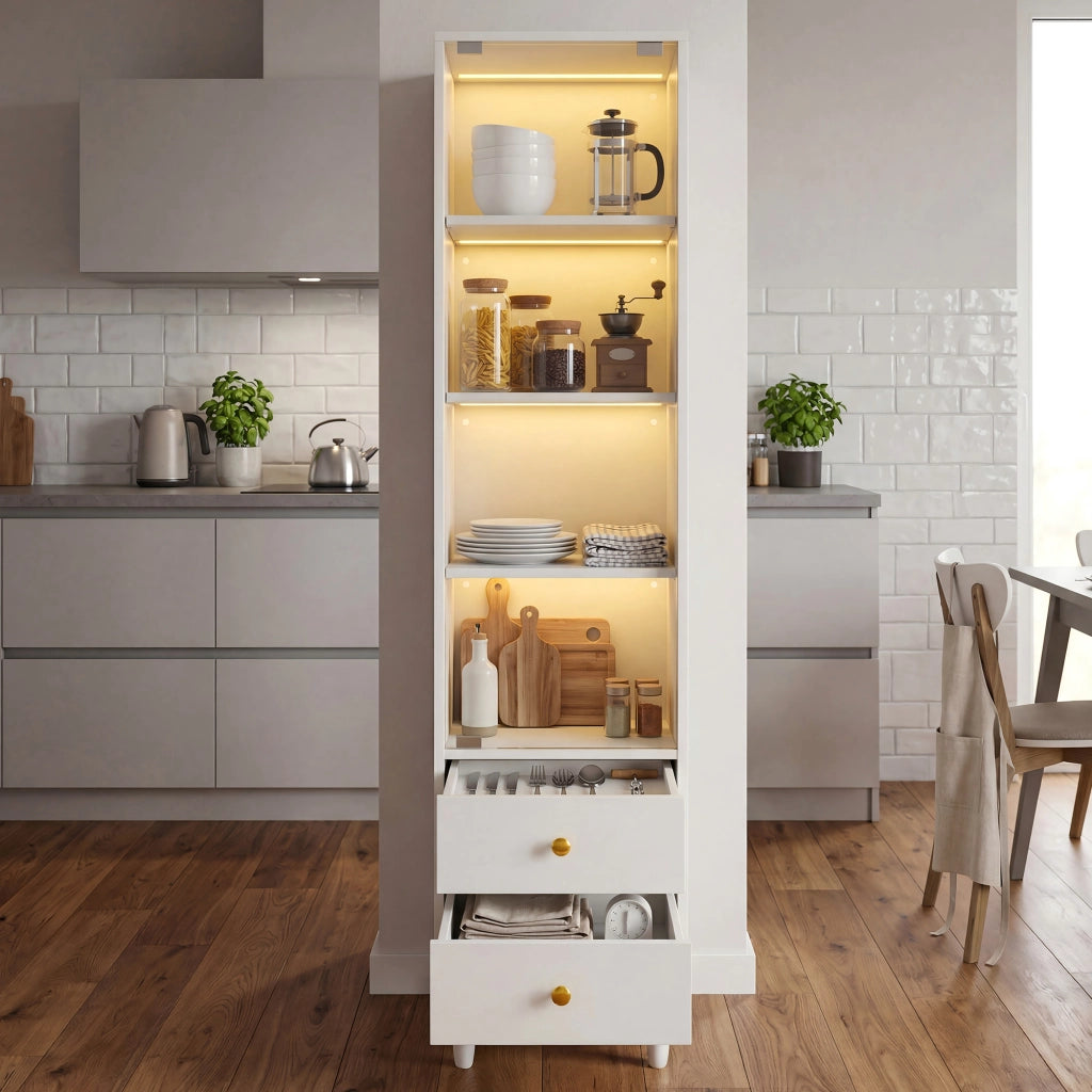 Vetrina con LED e ante in vetro; 4 livelli e 2 cassetti in MDF bianco con gambe coniche per soggiorno