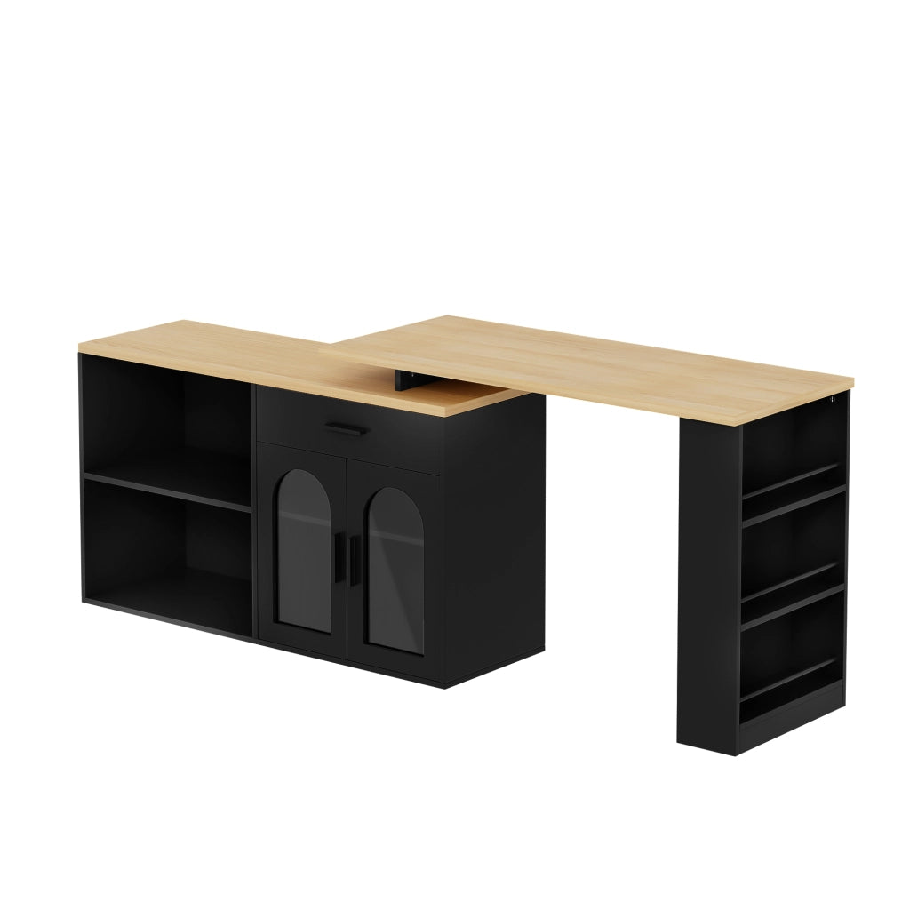 Isola da cucina 136x50x78 cm con piano girevole a 360°; MDF nero e naturale