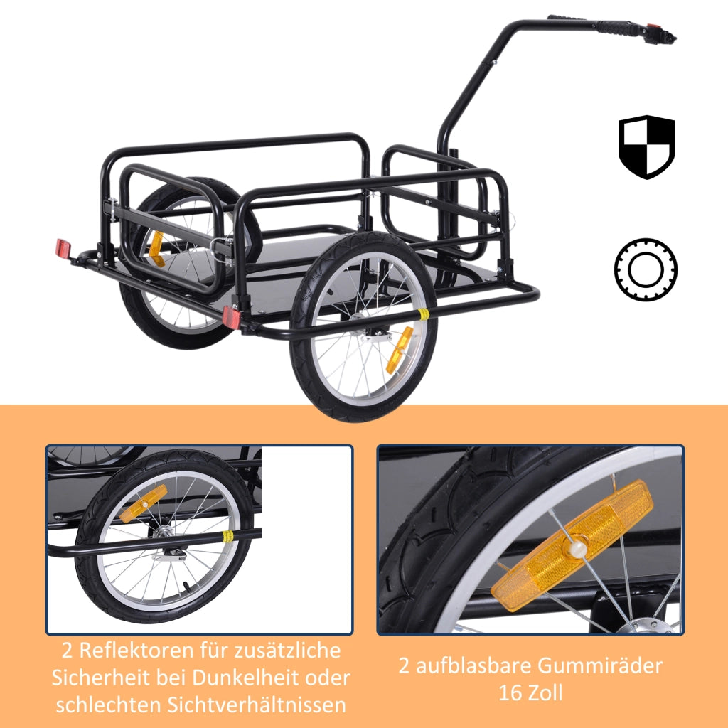 Rimorchio per bicicletta pieghevole da trasporto carrello portapacchi in acciaio con gancio e riflettori ruote 16 pollici 155 x 71,5 x 77 cm