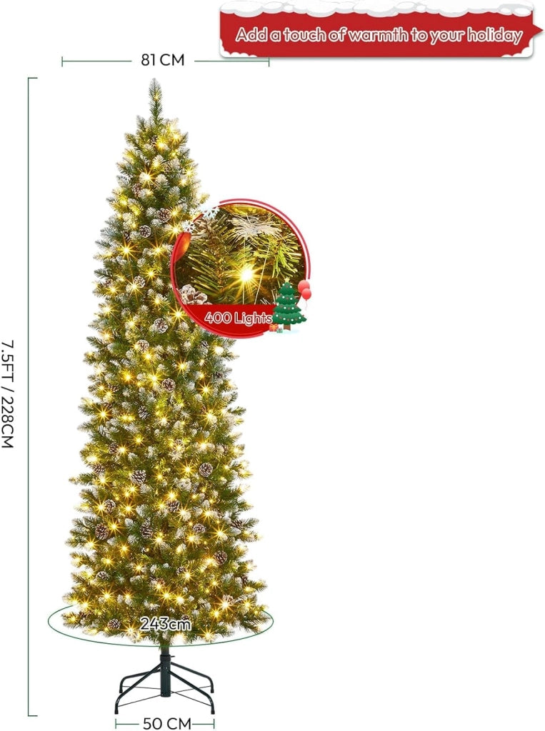 Albero di Natale Slim a Matita 230cm con 400 LED Bianco Caldo 1000 Punte Pigne e Base Metallo