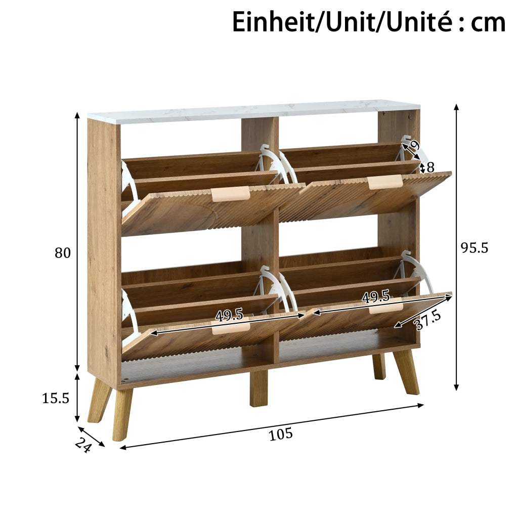 Scarpiera con 4 ante a ribalta e piano effetto marmo, salvaspazio per ingresso, MDF naturale, 105 × 24 × 95,5 cm