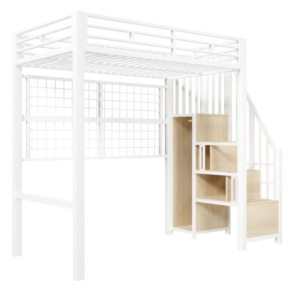 Letto a soppalco 90x200 cm con struttura in ferro, armadio con scala contenitore, griglia appendiabiti, luci LED a 7 colori, bianco, senza materasso