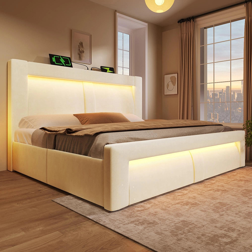 Letto matrimoniale-Xylo-160x200cm idraulico LED USB-C velluto beige
