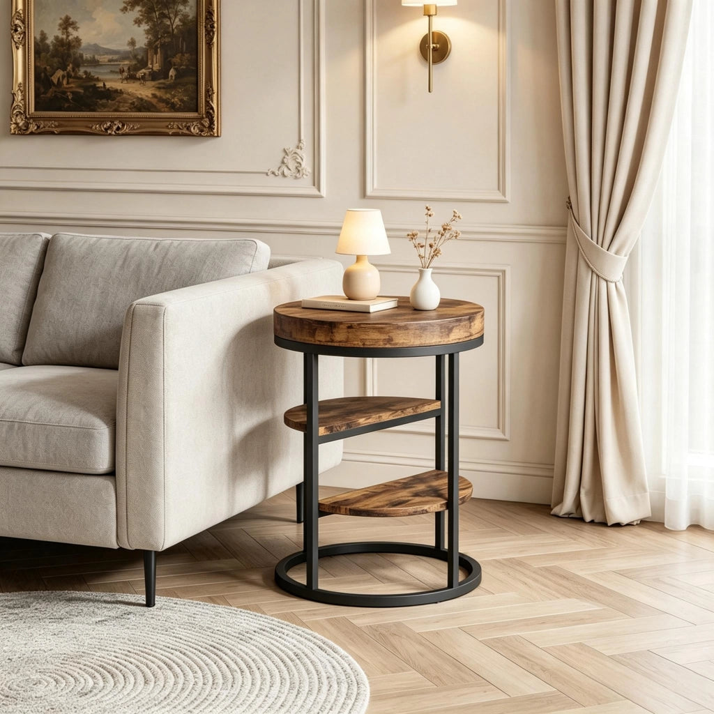Tavolino da divano rotondo con struttura in metallo e legno marrone rustico diametro circa 50 cm