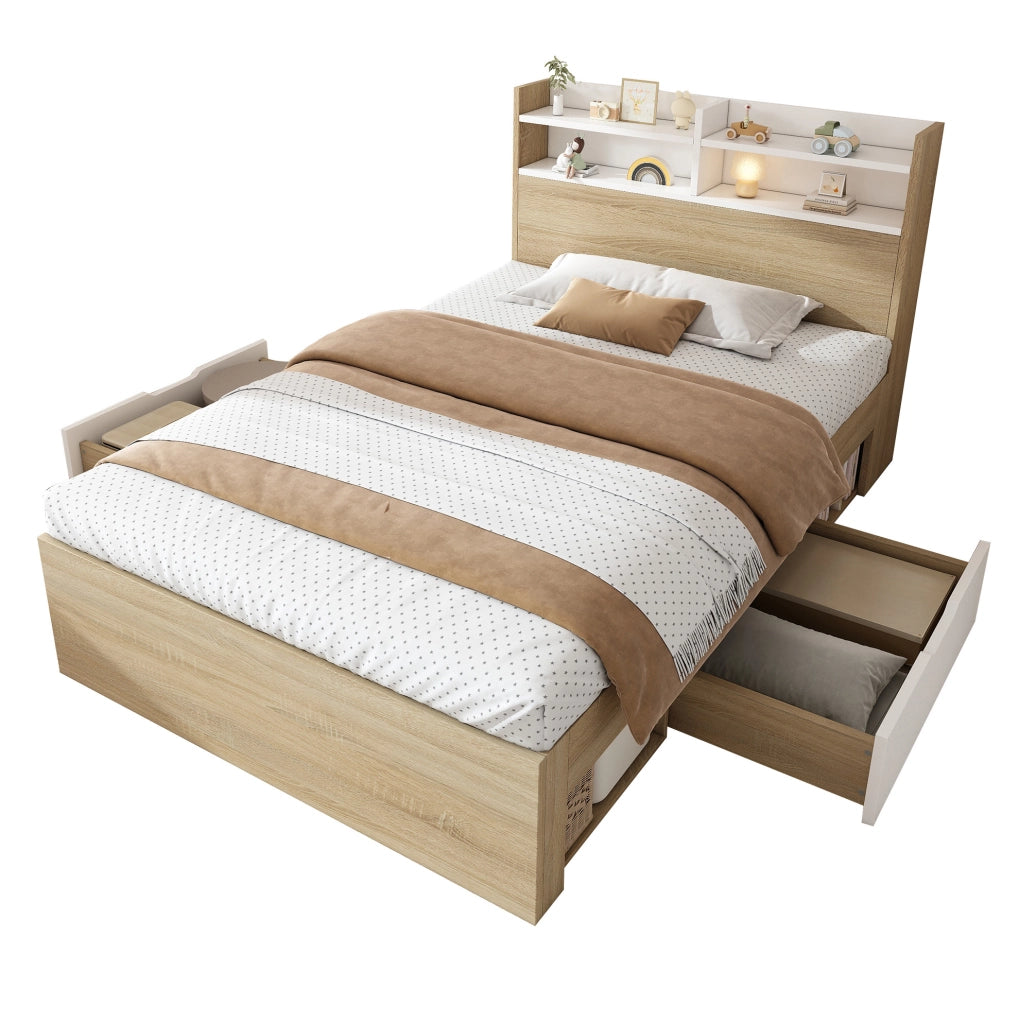Letto 90x190 cm con ripiani testiera e 2 cassetti in legno bianco e rovere