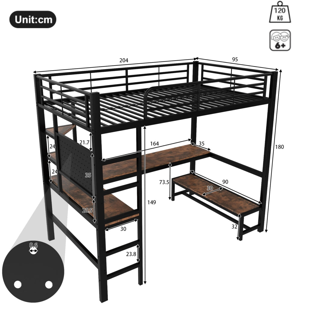 Letto a soppalco 90x200 cm nero con scrivania, LED, USB/Type-C e ripiani