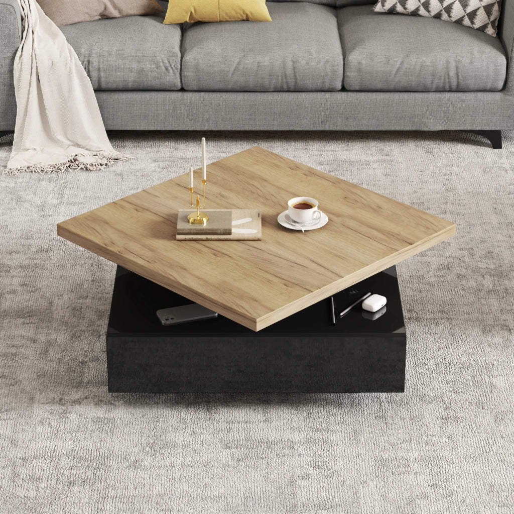 Tavolino da caffè quadrato 70x70x36 cm girevole 360° con vano portaoggetti in truciolare noce e nero lucido