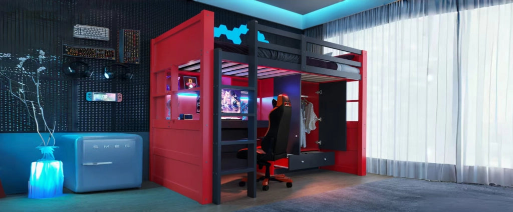 Letto a soppalco 90x200 cm in legno con scaletta, armadio, cassetti, scrivania e illuminazione LED, colore nero e rosso, stile gaming per bambini e ragazzi