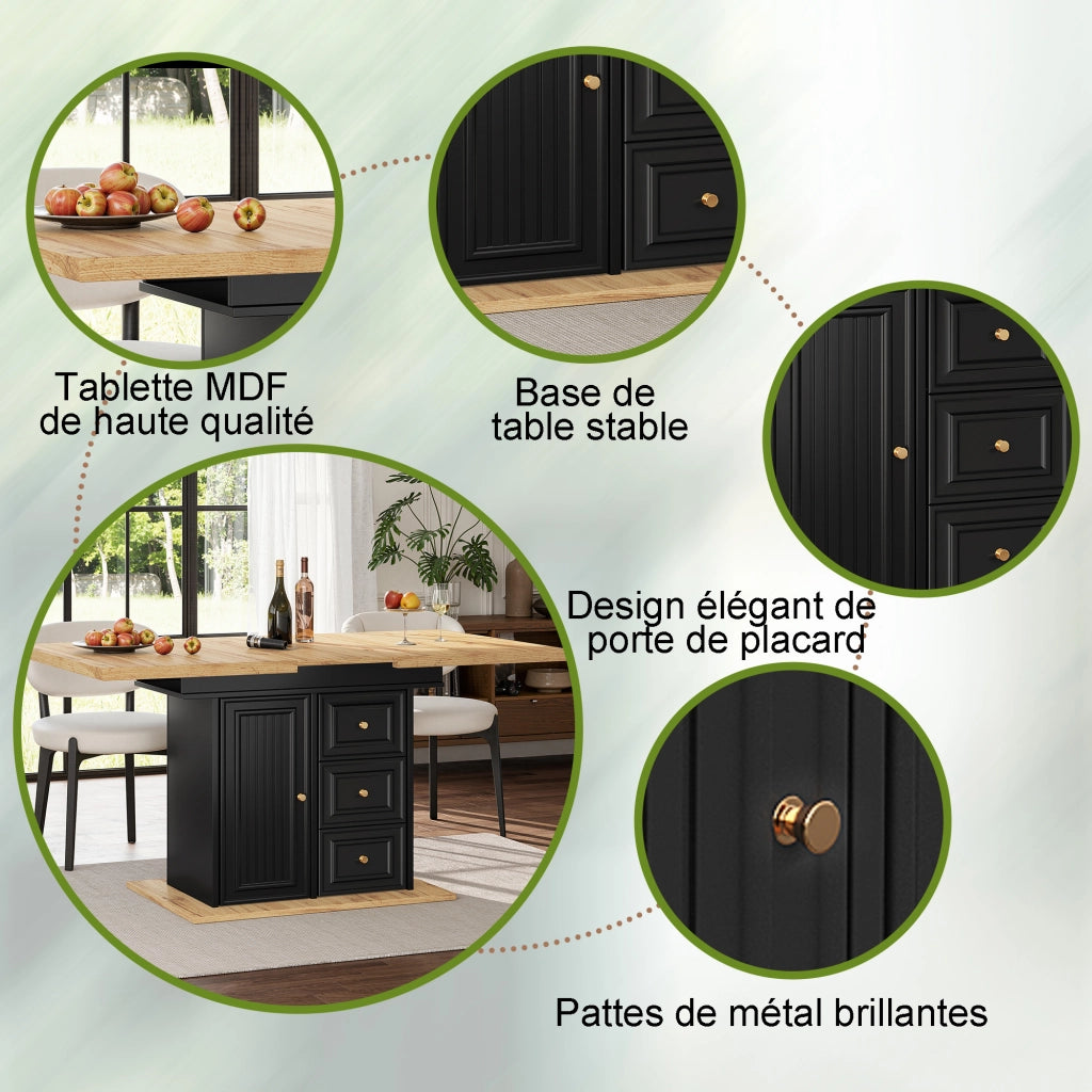 Tavolo da pranzo 6 posti con 1 porta; 2 cassetti e vano; piano allungabile per cucina e soggiorno in MDF e metallo naturale