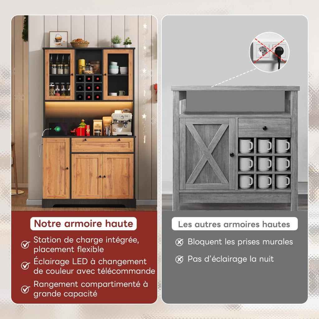 Mobile colonna da cucina con 5 ante; cassetto; ripiani regolabili; LED e prese nero naturale 180 × 105 × 40 cm