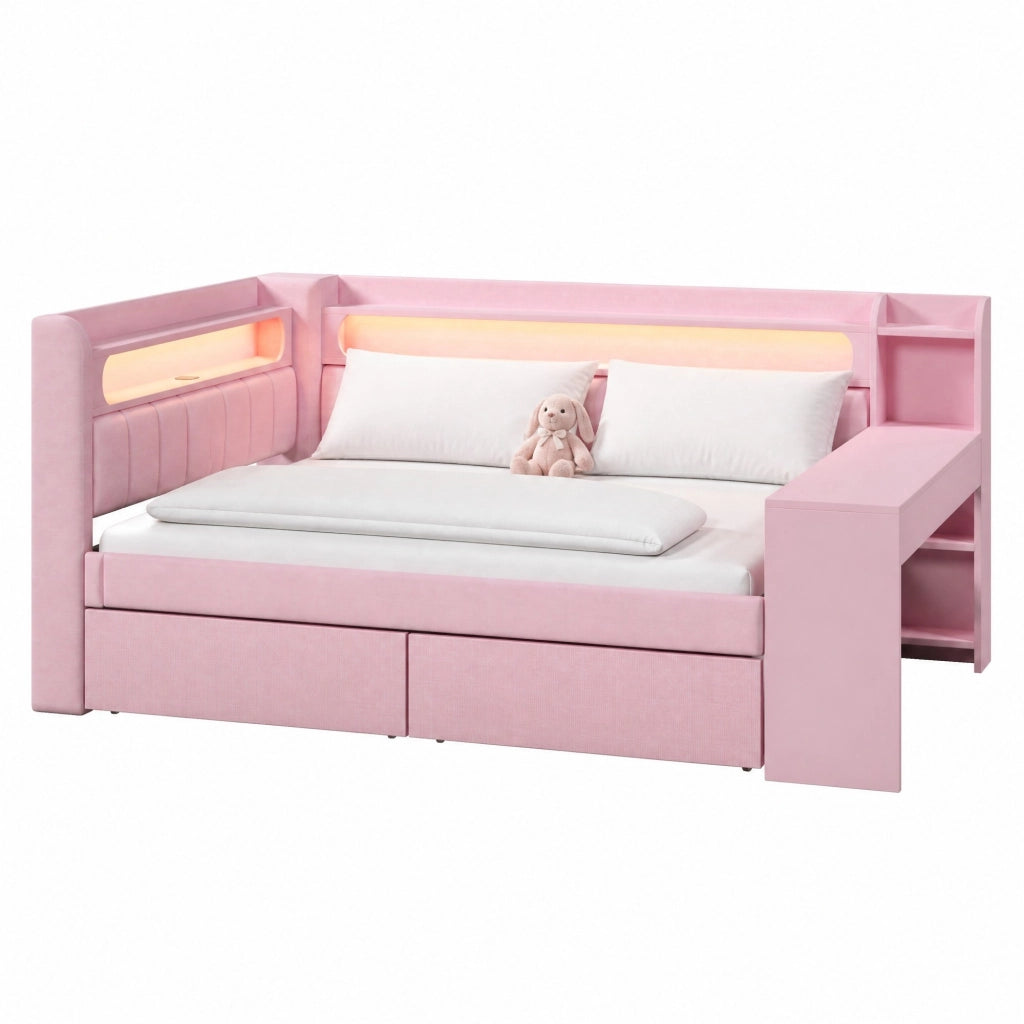Daybed imbottito 140x200 con USB; LED; scrivania e 2 cassetti; rosa