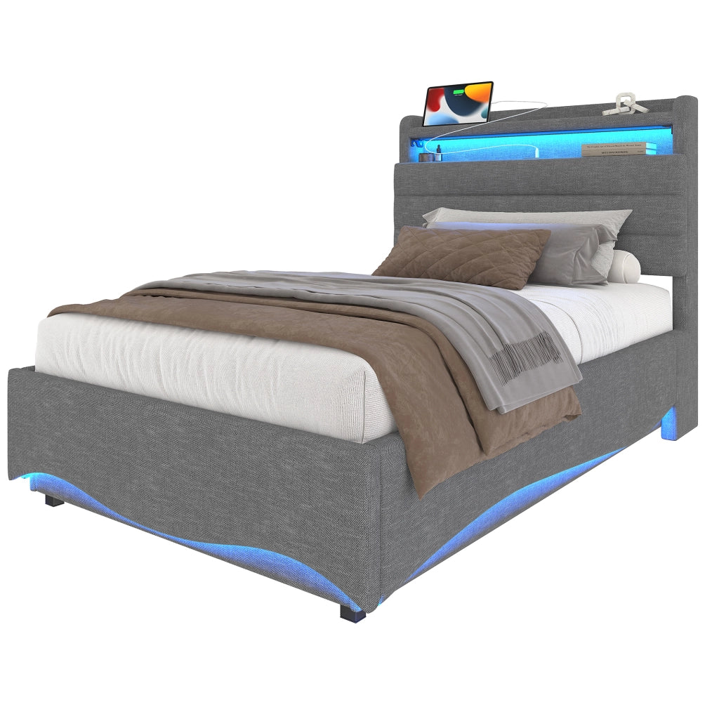 Letto imbottito con contenitore idraulico e LED 90x200 cm; lino grigio con USB e Type-C