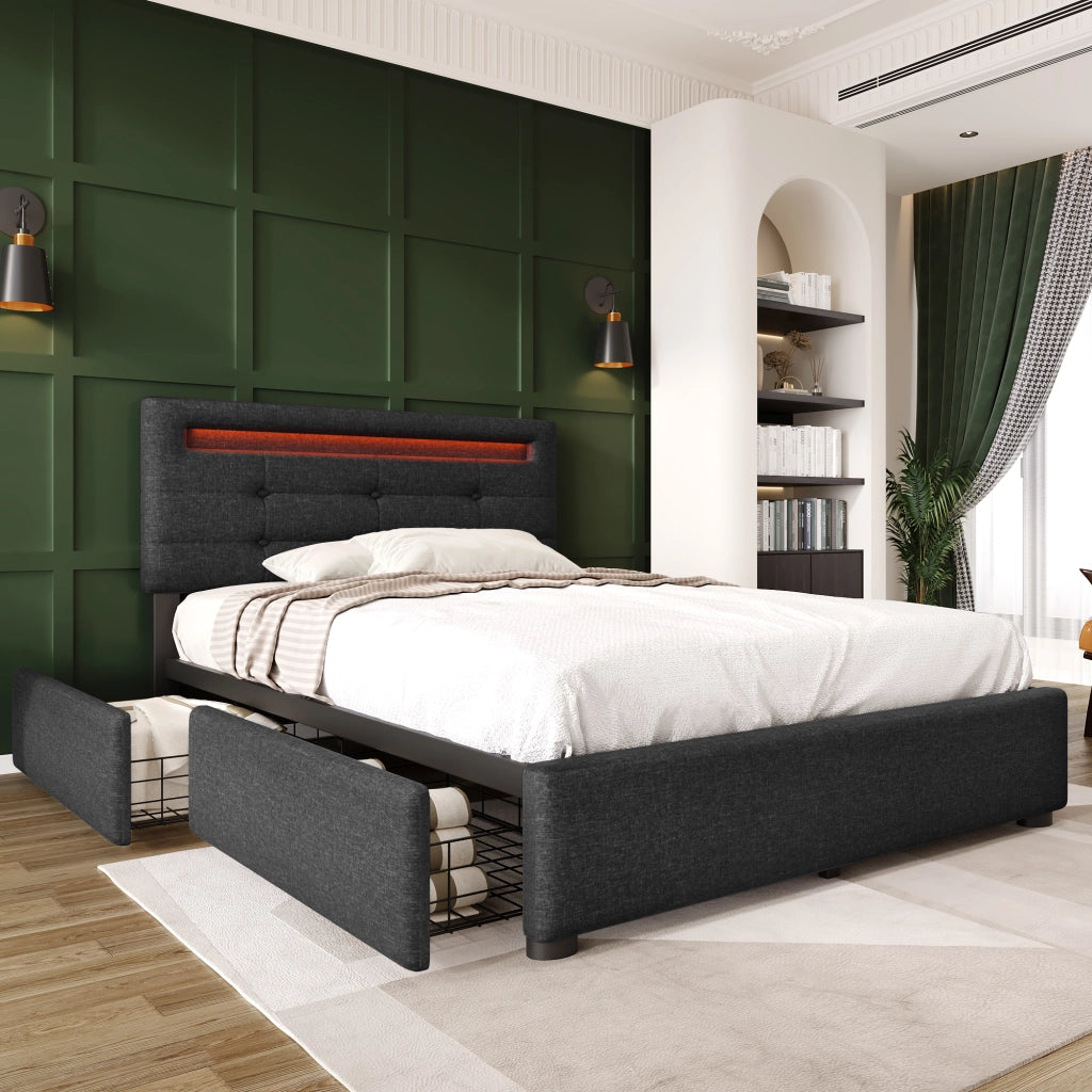 Letto singolo con cassetti 90 × 200 cm con LED e testiera regolabile rivestito in lino grigio