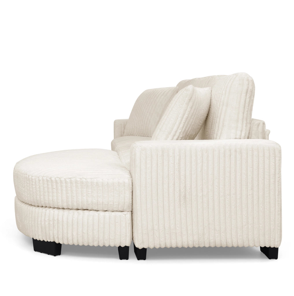 Divano angolare a L 4 posti in velluto a costine beige con pouf ovale modulare e 2 cuscini