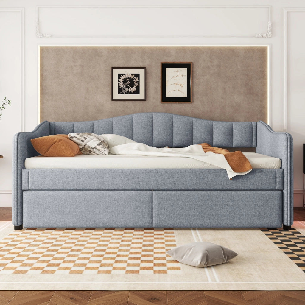 Daybed grigio in lino 90x200 cm con letto estraibile, luce LED ambiente regolabile e rete a doghe, senza materasso