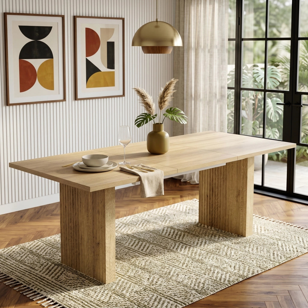 Tavolo allungabile rettangolare in MDF color rovere con piano da 3 cm e gambe a lamelle 140-200 × 90 × 75 cm