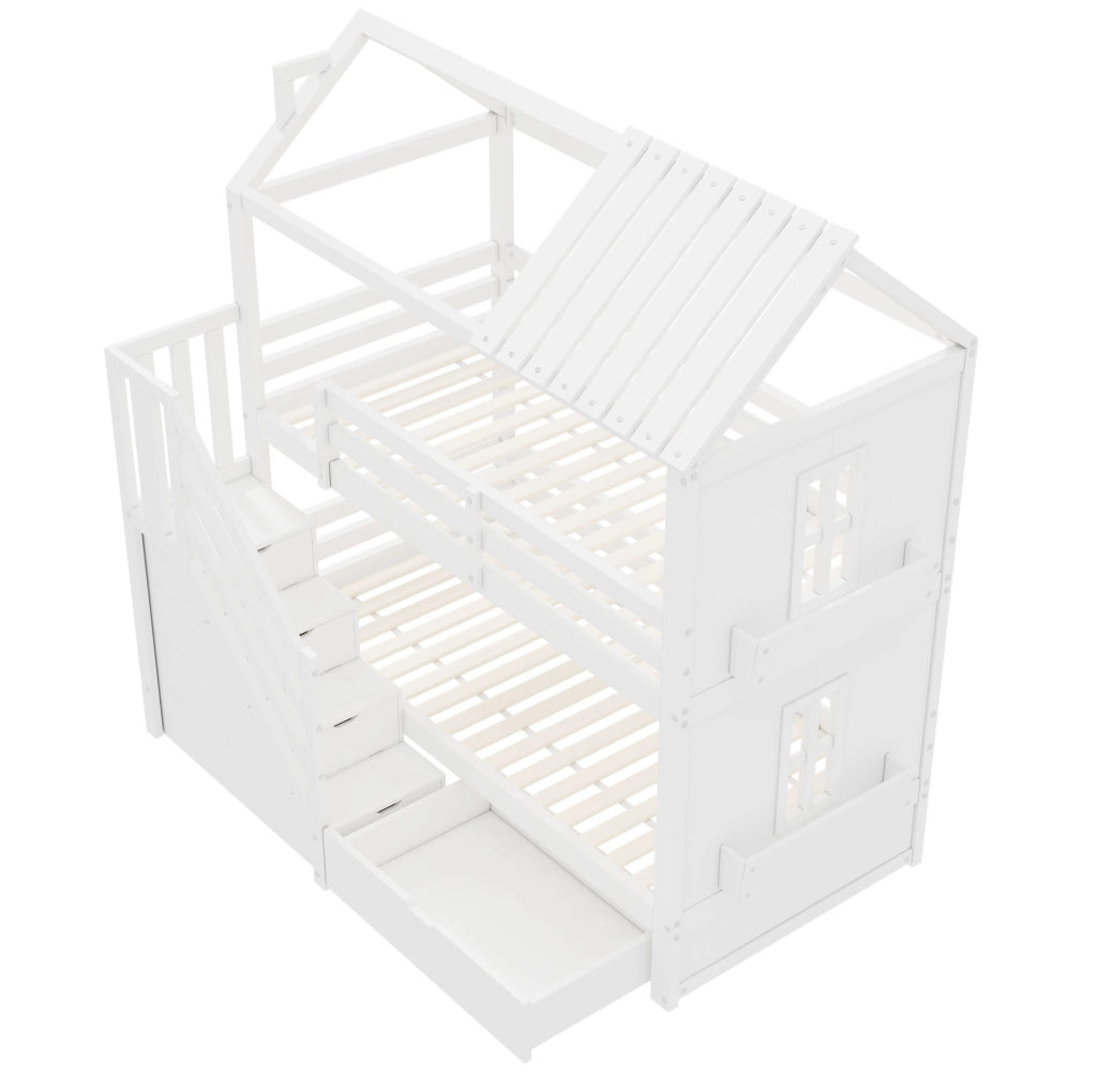 Letto a castello per bambini 90x200 cm con scala contenitore, cassetti e ripiani in pino e MDF bianco