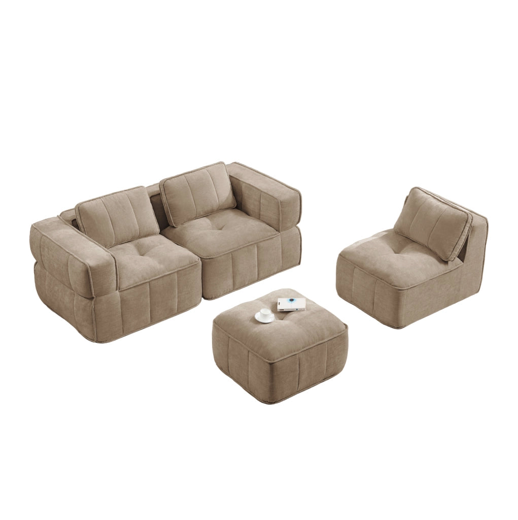 Divano angolare modulare 271x162x67 cm in poliestere sabbia con pouf