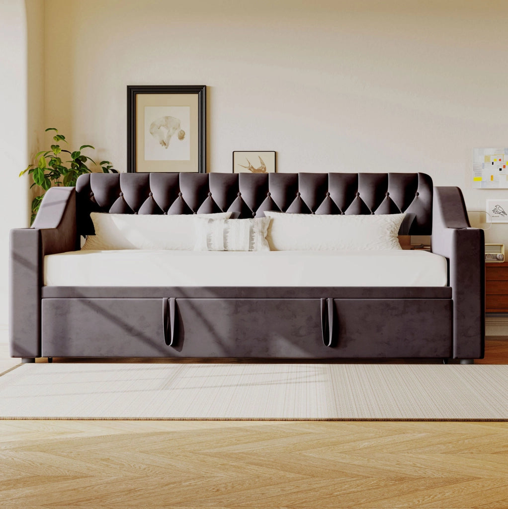 Divano letto imbottito grigio 90 x 190 cm con ricarica e vani
