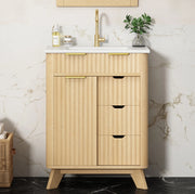 Mobile bagno 61 cm con effetto onde in legno naturale, 3 cassetti estraibili e anta scorrevole con ripiano, lavabo in ceramica incluso