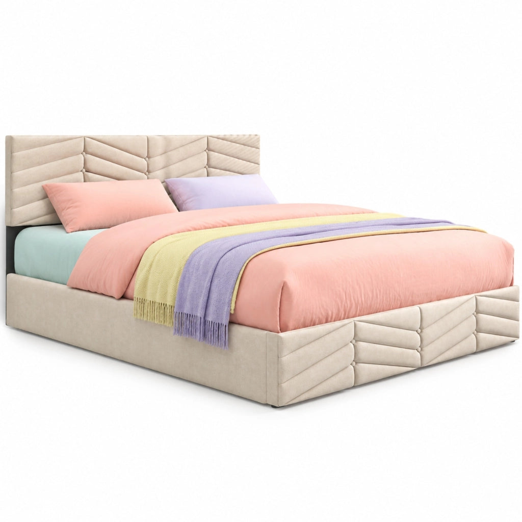 Letto imbottito 140x200 cm con rete a doghe e testiera regolabile in velluto beige