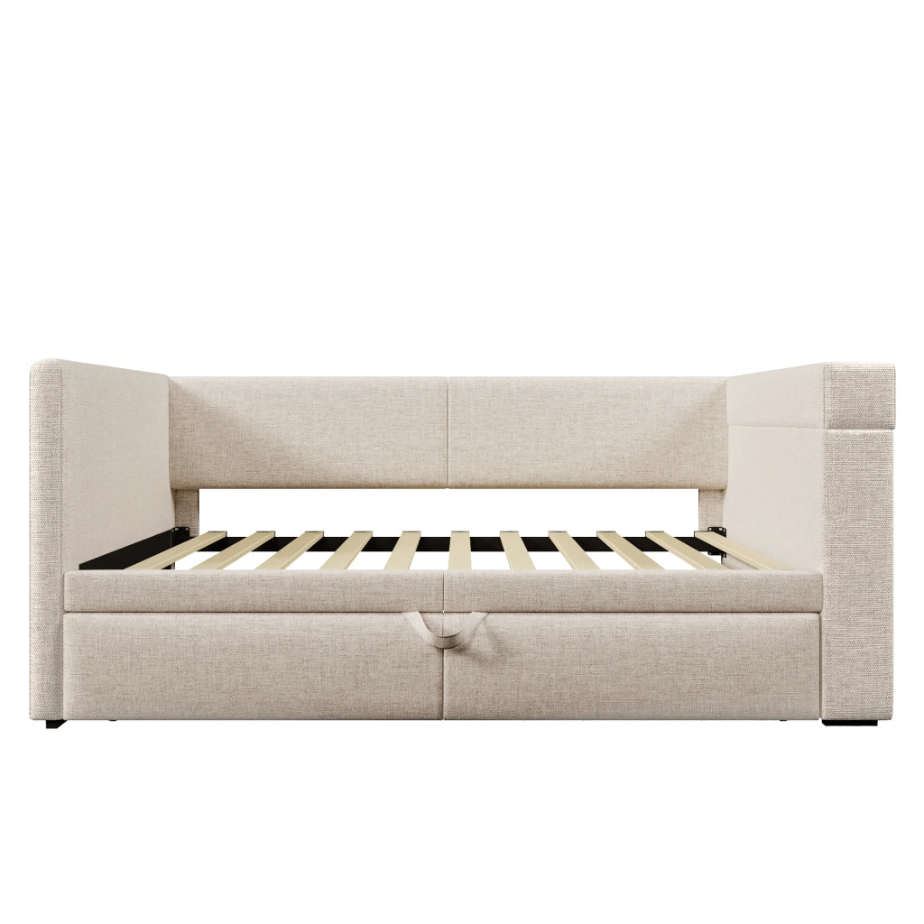 Daybed Imbottito 90x200 cm con Letto Estraibile; USB/Type-C e Portabicchieri; Tessuto Lino-Cotone Beige