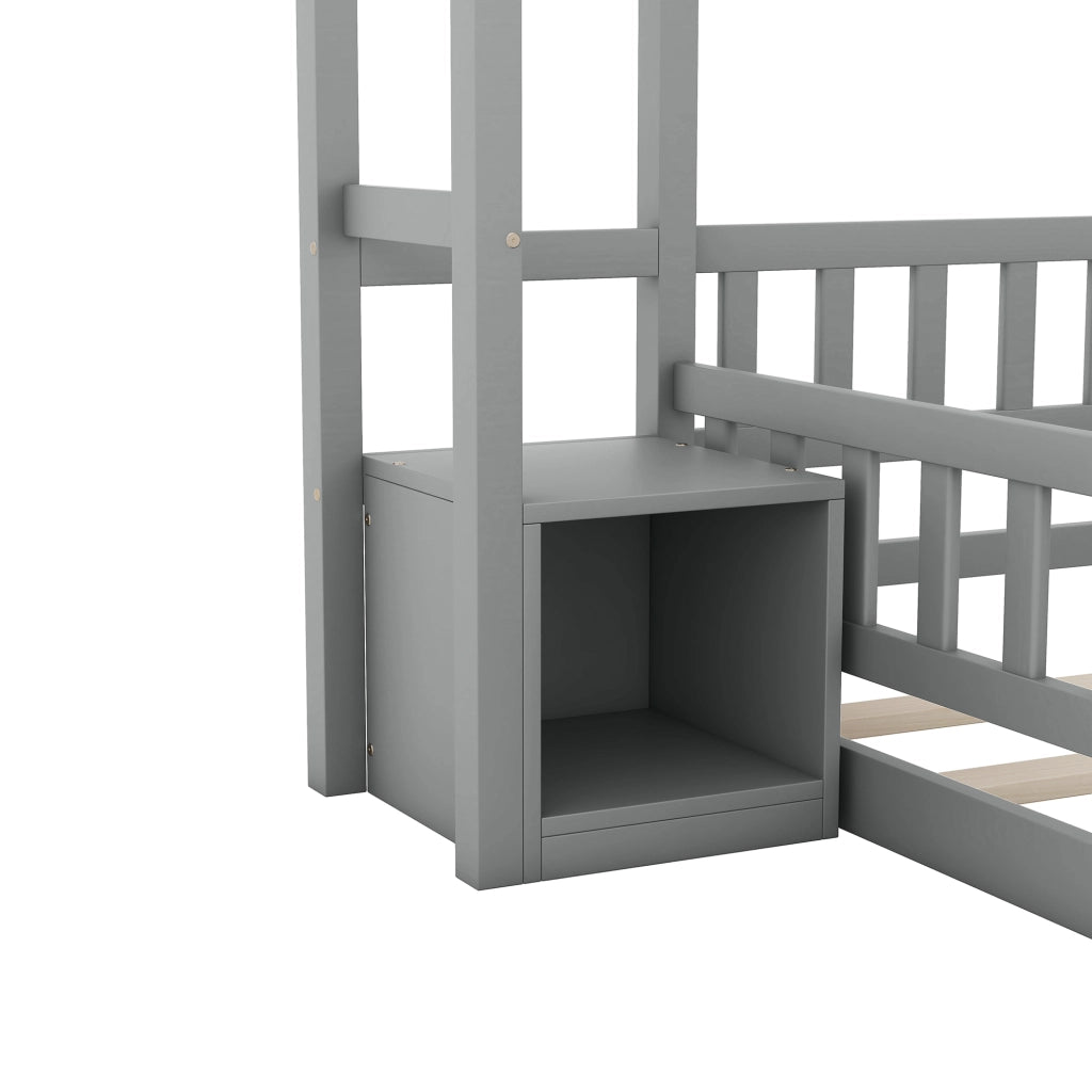 Letto a casetta 140 × 200 cm con barriera e comodino in legno e MDF grigio