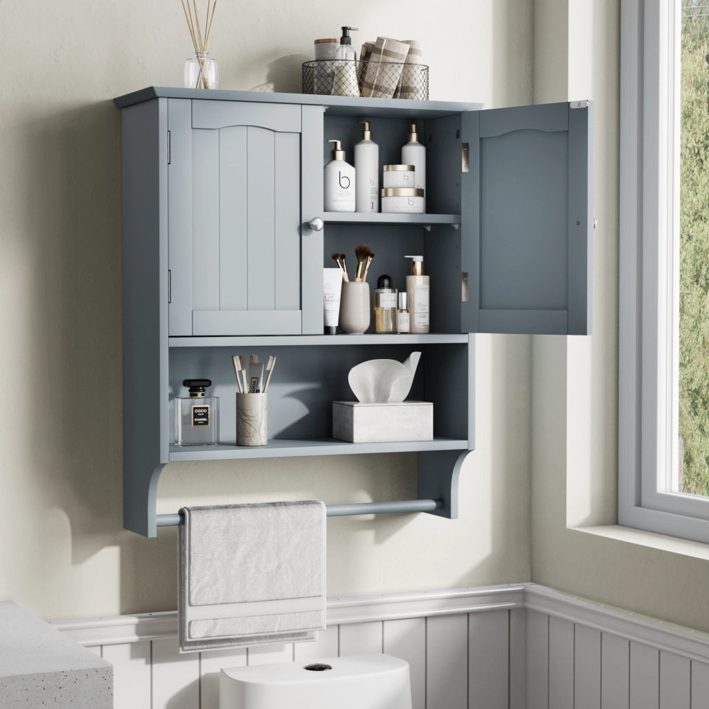 Mobiletto da bagno a muro con portasalviette, 2 sportelli e ripiani aperti in MDF grigio chiaro, 56,8 x 19 x 70 cm