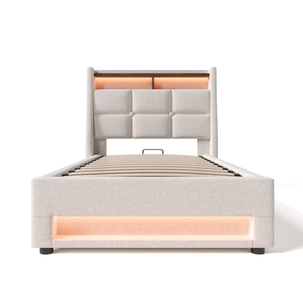 Letto imbottito 90x200 cm con LED, USB e contenitore in lino beige chiaro