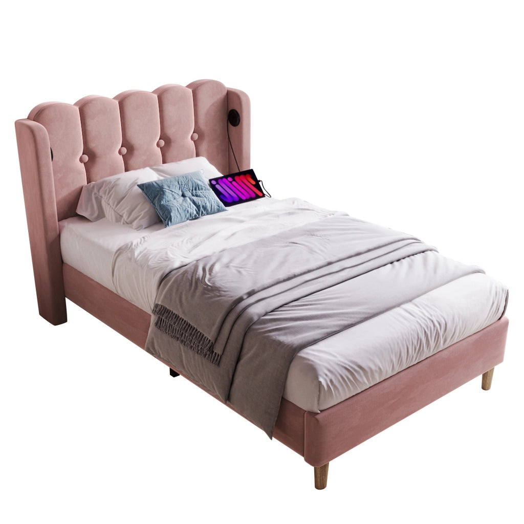 Letto imbottito singolo 90x200 cm in velluto rosa con USB e Type-C