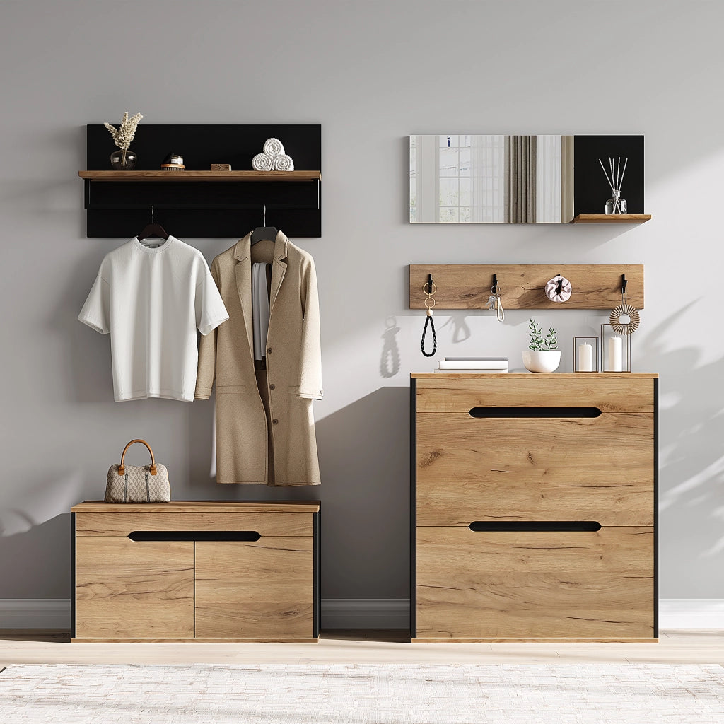 Set guardaroba con armadio, cassetto, specchio, 2 scarpiera, cappelliera e 4 ganci, scarpiera con panca, nero e legno, 156 x 36 x 176 cm