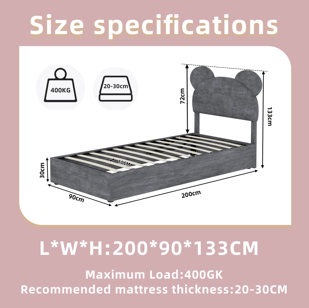 Letto per bambini 90x200 cm grigio con vano contenitore, tessuto e metallo, senza materasso
